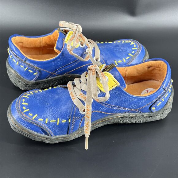 TMA Eyes Time Blue Leather Lace Up Sneakers Women’s 7 Yellow Stitching Shoes - Picture 12 of 16